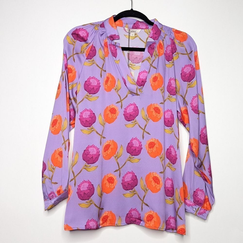Tucker Long Sleeve Polo Blouse Lavender Passion Flower in Stretch Georgette Silk